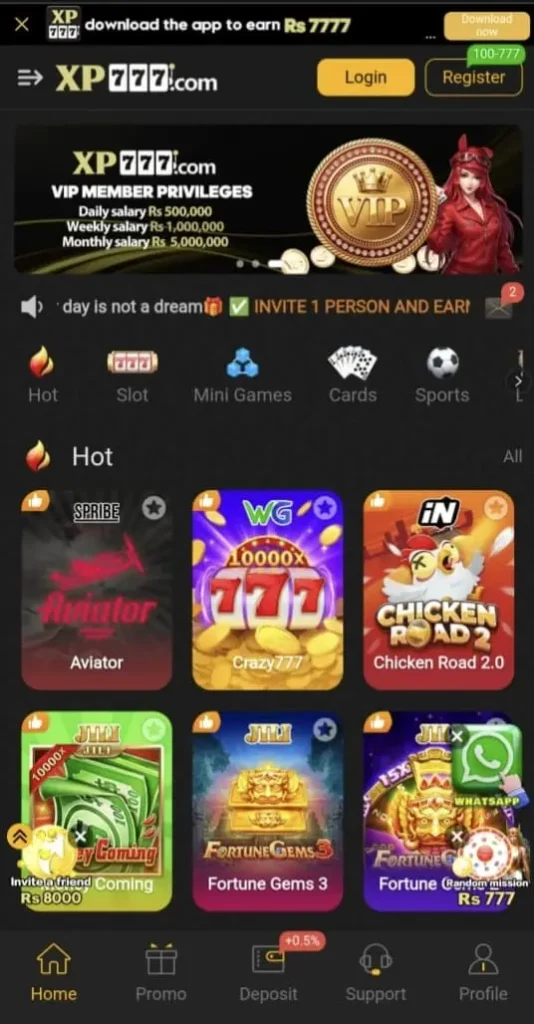 XP777 Game app showing aviator, crazy777, fortune Gems 3 and VIP earning rewards daily.