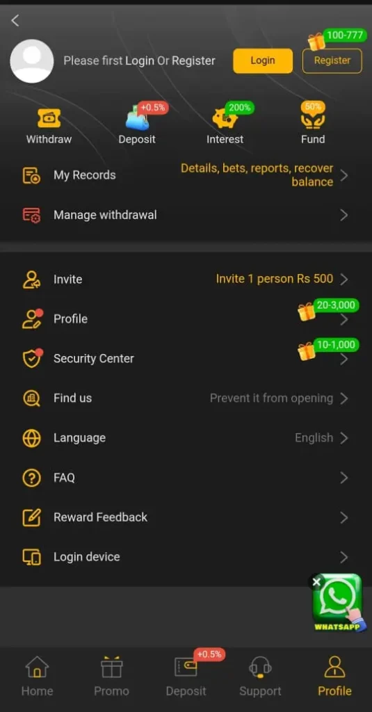 XP777 app profile page showing withdraw, deposit, invite friend earn Rs 500, interest 200%, and security center
