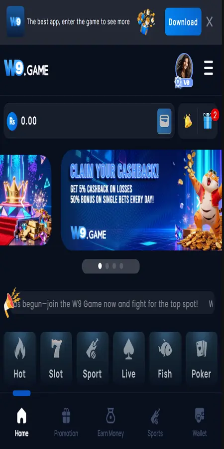 W9 Game home screen dashboard with slots sports and cashback offers
