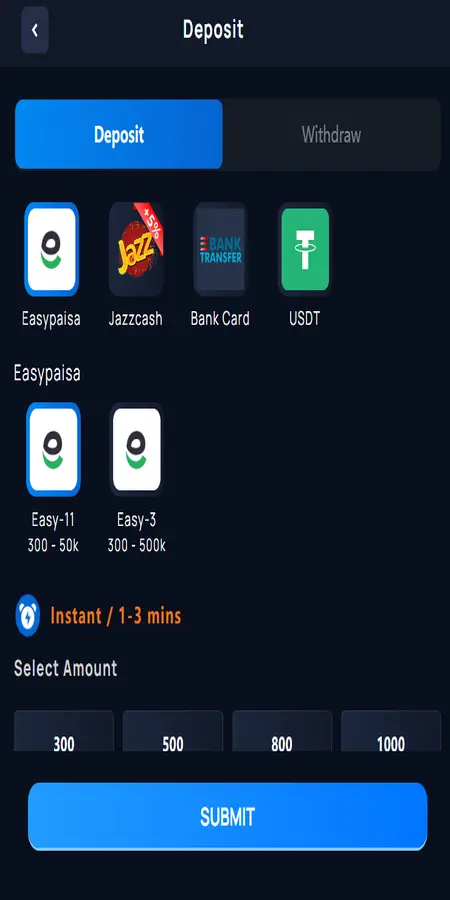 W9 Game deposit page with Easy paisa Jazz Cash bank card and USDT options