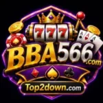 Premium BBA566 casino game logo with glowing 777 slot reels, royal crown, playing cards, casino chips, gold coins, and Top2down.com branding on a dark background.