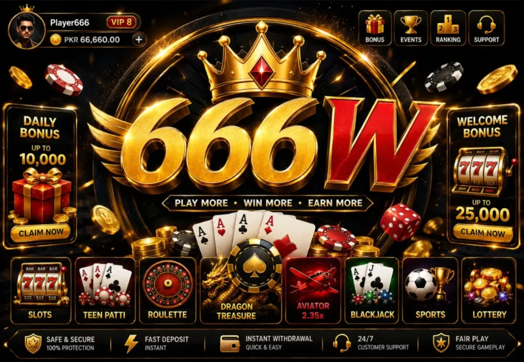 Casino-style mobile game interface showing “666W” logo with golden crown, player balance PKR 66,660, daily bonus up to 10,000, welcome bonus up to 25,000, and game icons for Slots, Teen Patti, Roulette, Dragon Treasure, Aviator, Blackjack, Sports and Lottery.