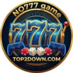 NO777 Game official logo design featuring golden slot machine digits 777, blue gaming controllers, red chips, dice, and top2down.com branding on a dark circular badge.