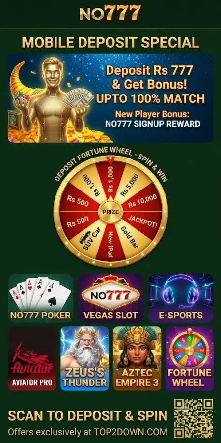 A mobile deposit promo banner for NO777 Game featuring a golden figure and signup bonus, a detailed fortune wheel with cash and car prizes, popular game tiles, and a deposit QR code.