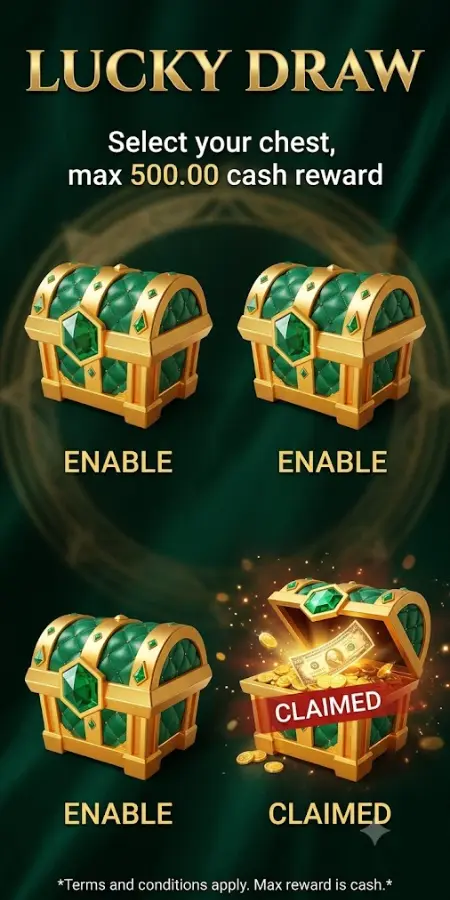 Vertical NO777 Lucky Draw image with four ornate gold/green chests; top text offers max 7,777.00 reward. Bottom-right chest is open, revealing cash/coins, and is labeled "CLAIMED BY USER." Other chests are closed and labeled "ENABLE." Dark green background with gold accents.