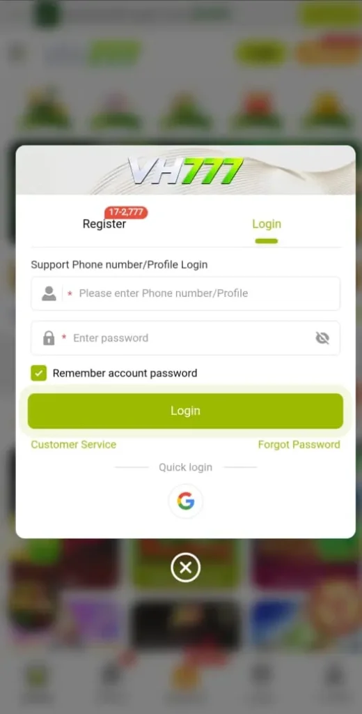 VH777 Game Login Screen