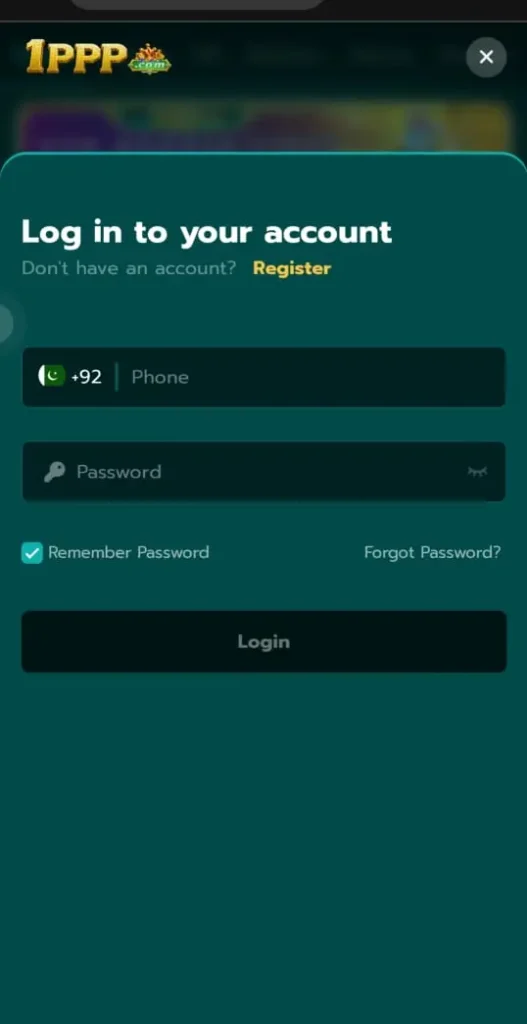 1PPP Game login screen with Pakistan +92 mobile number field, password box, and secure login button.