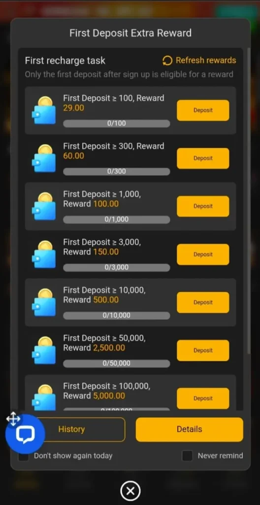 BBA566 Game first deposit bonus reward screen showing cashback rewards for different deposit amounts