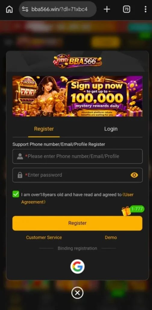 BBA566 Game registration page with phone number, password, and Google sign up option