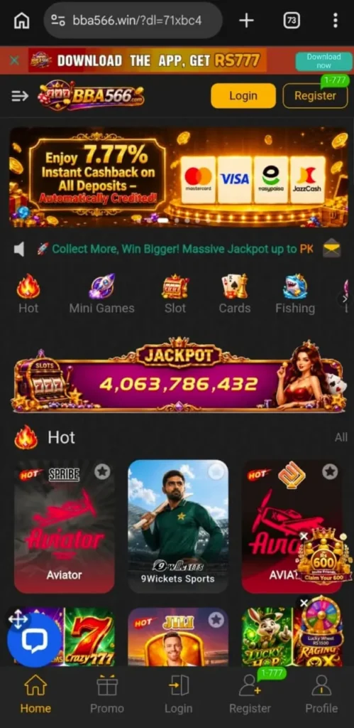 BBA566 Game home dashboard with Aviator game, slot games, mini games, and jackpot section