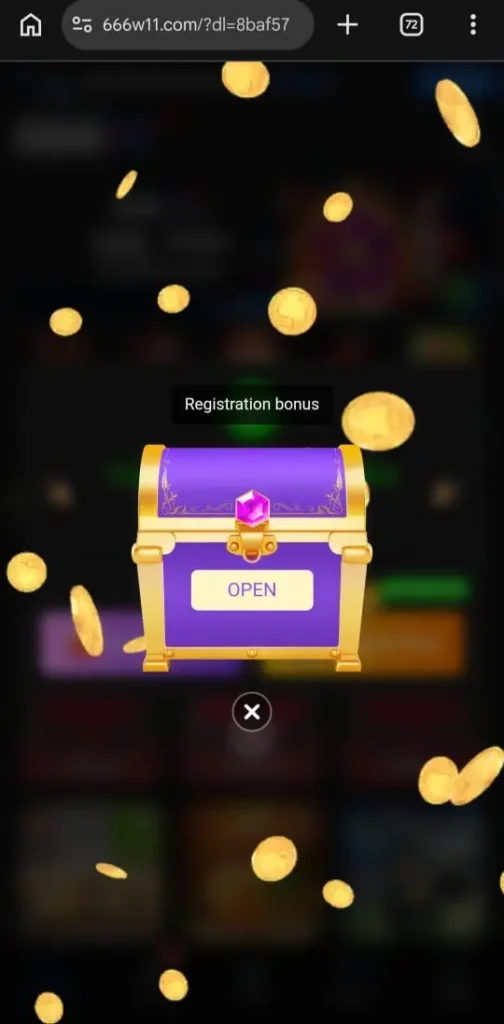 Mobile browser screen on 666w11.com showing a purple and gold treasure chest labeled “Registration bonus” with an OPEN button, surrounded by falling gold coins.
