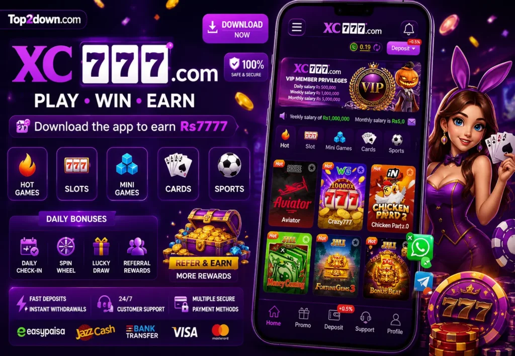 XC777 Game promotional banner featuring a purple gaming theme, realistic mobile app interface, VIP rewards, casino games, bonus offers, and Top2down.com branding.