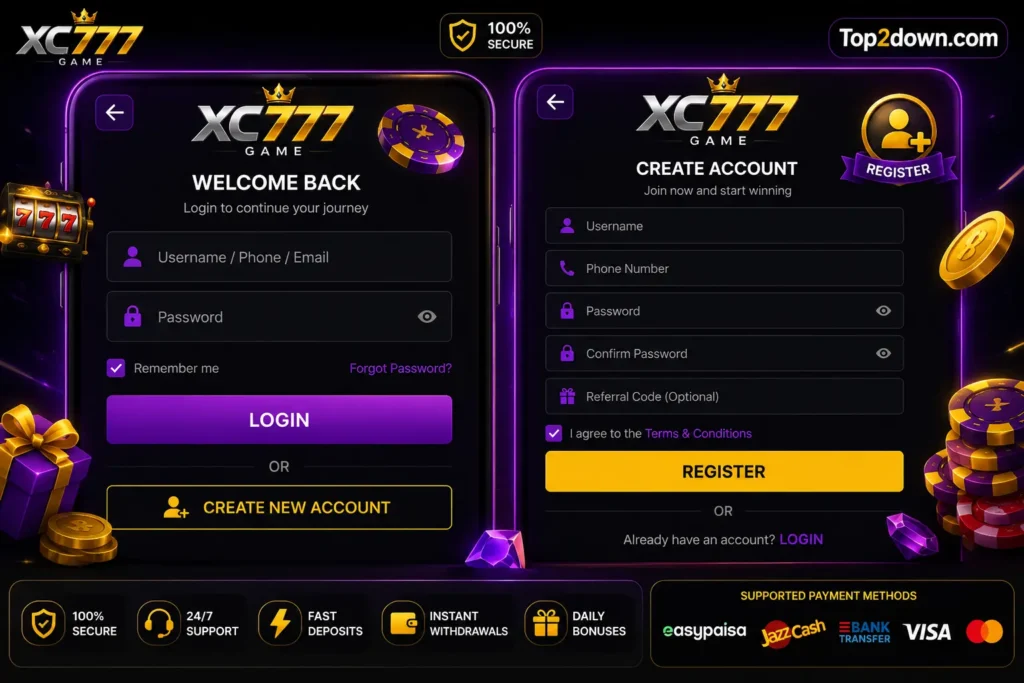 XC777 Game login and registration interface featuring secure account access, modern mobile UI, and Top2down.com branding.