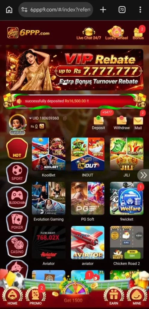 6PPP Game app homepage showing casino games, Aviator, deposits, withdrawals, and VIP bonus interface