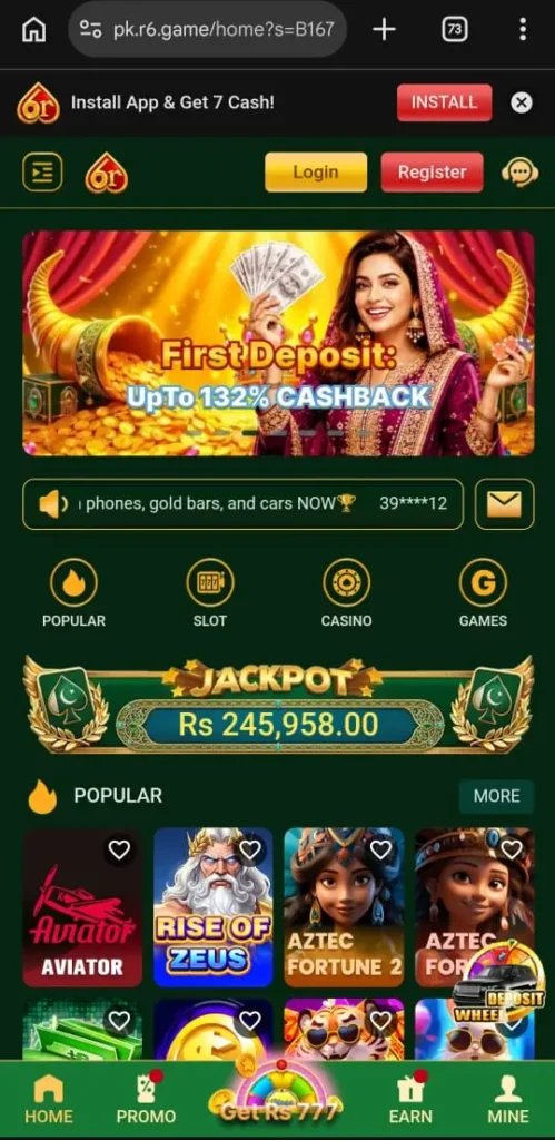 6R Game Android app home screen showing first deposit cashback offer up to 132%, jackpot of Rs 245,958, popular games like Aviator and Rise of Zeus, with Login and Register buttons