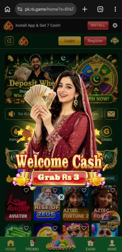 6R Game app home screen showing Welcome Cash offer with Grab Rs 3 button, Deposit Wheel promo, and a woman holding Pakistani currency notes